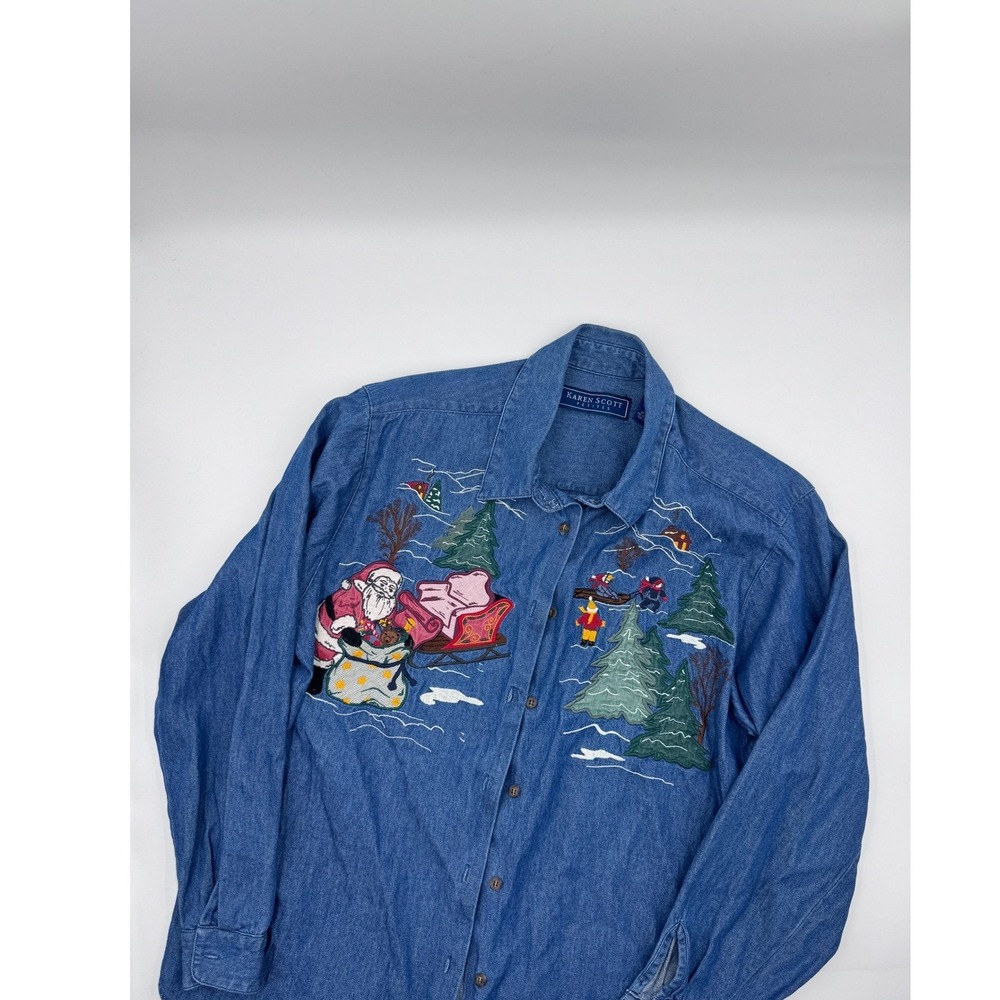 Denim Christmas Embroidered Button Down Shirt Karen Scott Christmas Retro